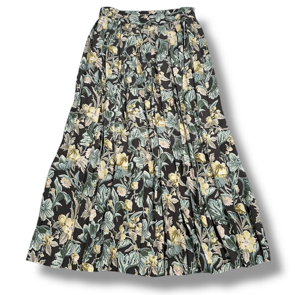 Vintage J.Crew Maxi Skirt Women’s 10 Green Brown Floral 100% Silk Pleated Flowy